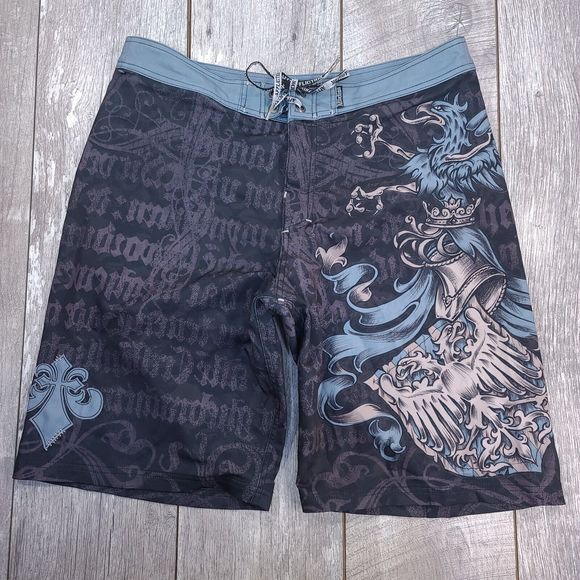 Affliction Mens Board Shorts Size 36 Black Blue Skulls Pullon Swim Trunks Biker - Picture 1 of 6